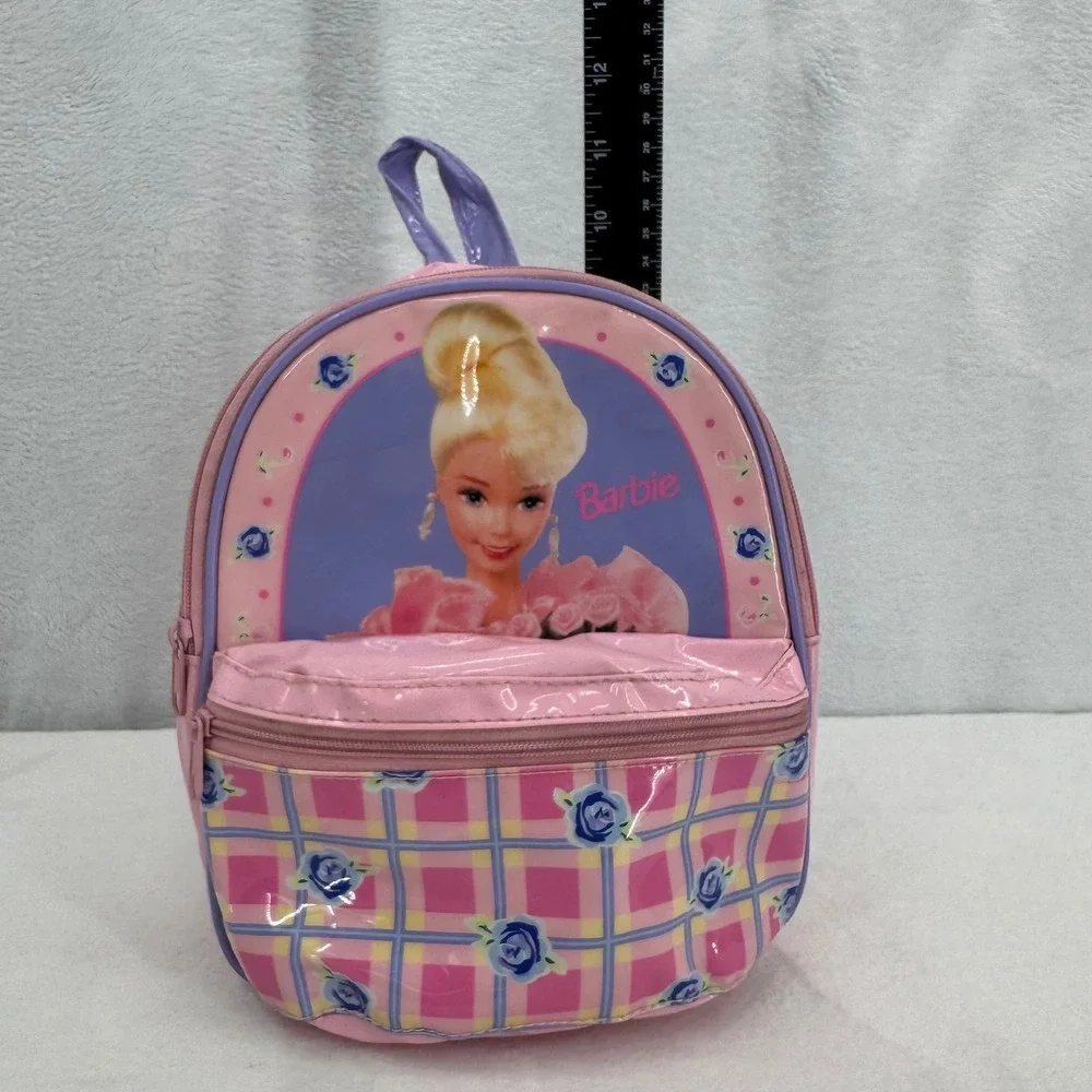 Vintage Barbie Mini Backpack 1996 Pink Plaid Rose Floral Glossy PVC Rare 90s Bag